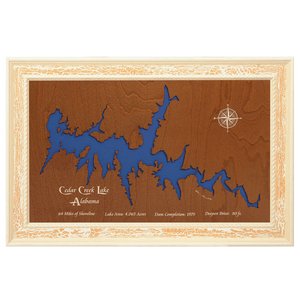 Cedar Creek Lake, Alabama Stained Wood and Distressed White Frame Lake Map Silhouette