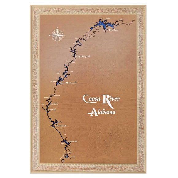 Coosa River, Alabama Stained Wood and Distressed White Frame Lake Map Silhouette