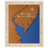 Delaware Bay, Delaware and New Jersey Stained Wood and Distressed White Frame Lake Map Silhouette
