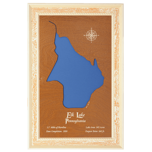 Elk Lake, Pennsylvania Stained Wood and Distressed White Frame Lake Map Silhouette