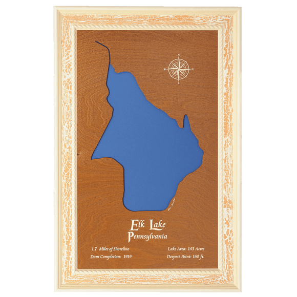 Elk Lake, Pennsylvania Stained Wood and Distressed White Frame Lake Map Silhouette