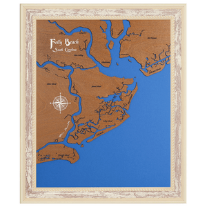 Folly Beach, South Carolina Stained Wood and Distressed White Frame Lake Map Silhouette