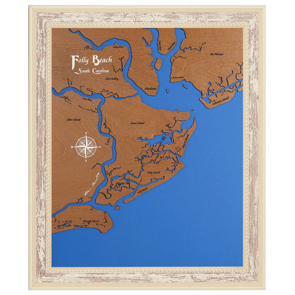 Folly Beach, South Carolina Stained Wood and Distressed White Frame Lake Map Silhouette