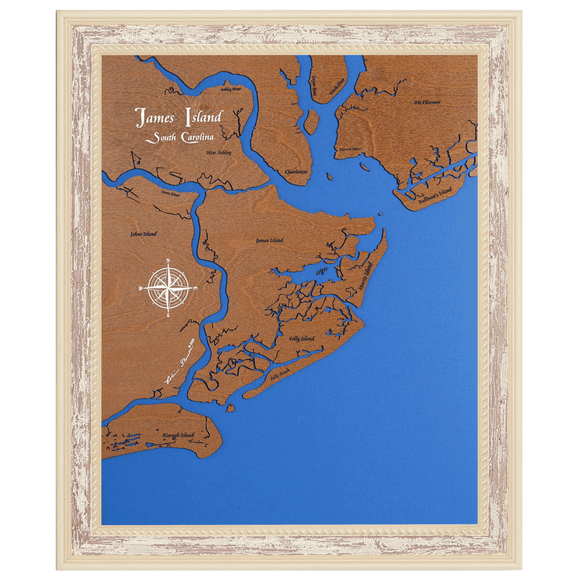 James Island, South Carolina Stained Wood and Distressed White Frame Lake Map Silhouette