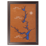 Lake Jocassee, Lake Keowee, Lake Hartwell, South Carolina and Georgia Stained Wood and Dark Walnut Frame Lake Map Silhouette