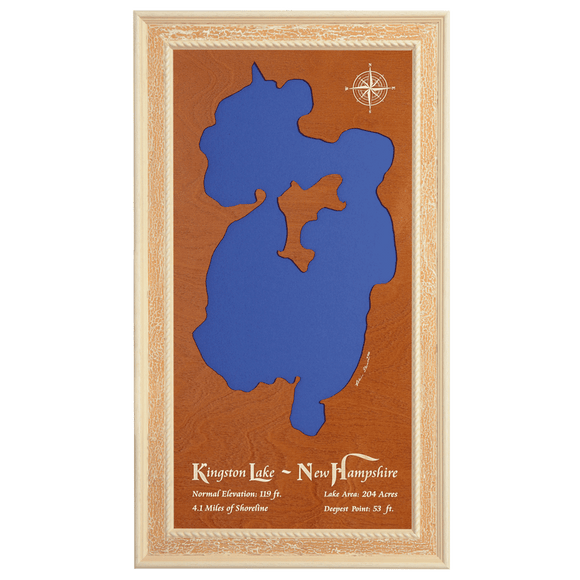 Kingston Lake, New Hampshire Stained Wood and Distressed White Frame Lake Map Silhouette