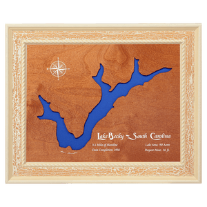 Lake Becky, South Carolina Stained Wood and Distressed White Frame Lake Map Silhouette