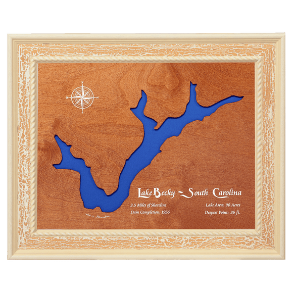 Lake Becky, South Carolina Stained Wood and Distressed White Frame Lake Map Silhouette