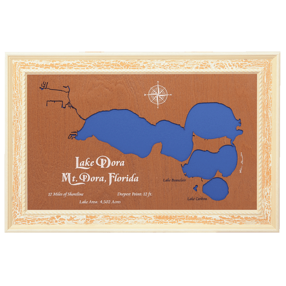 Lake Dora, Florida Stained Wood and Distressed White Frame Lake Map Silhouette