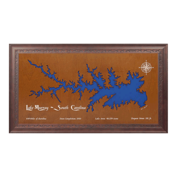 Lake Murray, South Carolina Stained Wood and Dark Walnut Frame Lake Map Silhouette