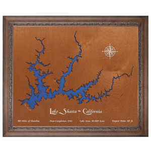 Lake Shasta, California Stained Wood and Dark Walnut Frame Lake Map Silhouette