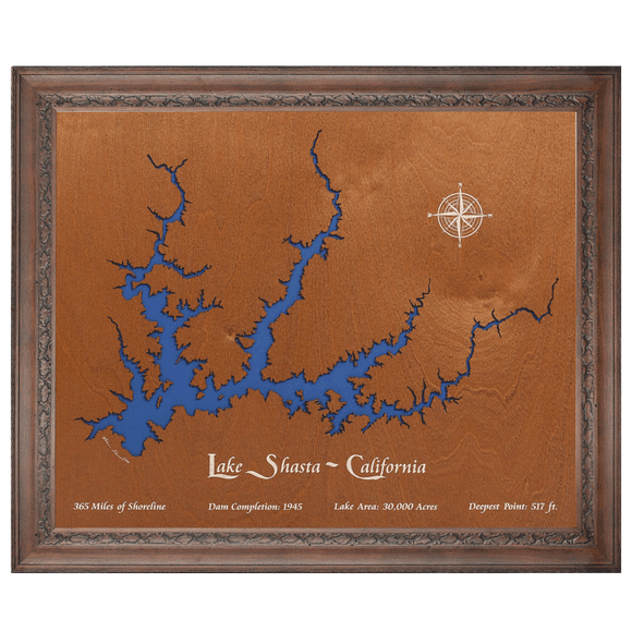 Lake Shasta, California Stained Wood and Dark Walnut Frame Lake Map Silhouette