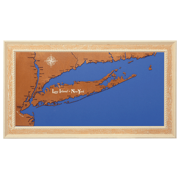 Long Island, New York Stained Wood and Distressed White Frame Lake Map Silhouette