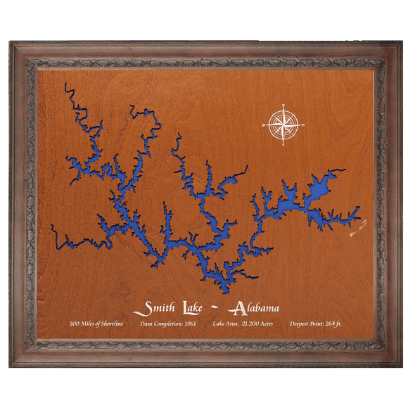 Smith Lake, Alabama Stained Wood and Dark Walnut Frame Lake Map Silhouette