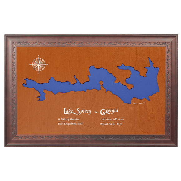 Lake Spivey, Georgia Stained Wood and Dark Walnut Frame Lake Map Silhouette