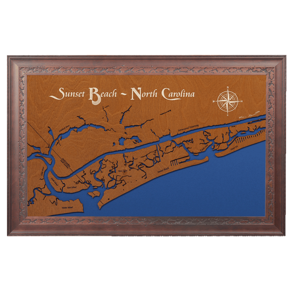 Sunset Beach, North Carolina Stained Wood and Dark Walnut Frame Lake Map Silhouette