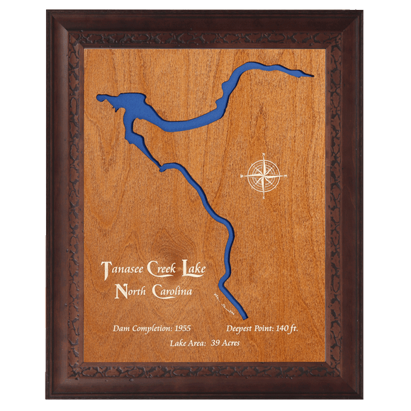 Tanasee Creek Lake, North Carolina Stained Wood and Dark Walnut Frame Lake Map Silhouette