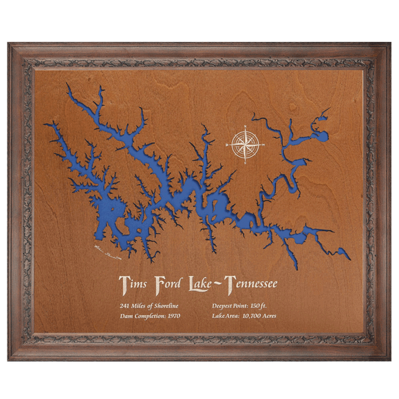 Tims Ford Lake, Tennessee Stained Wood and Dark Walnut Frame Lake Map Silhouette