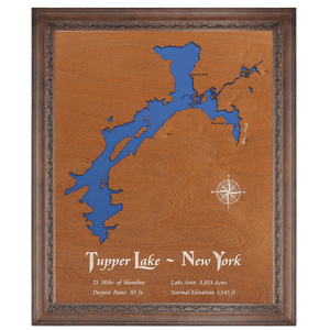 Tupper Lake, New York Stained Wood and Dark Walnut Frame Lake Map Silhouette