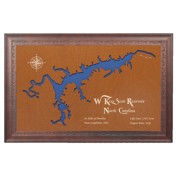 W. Kerr Scott Reservoir, North Carolina Stained Wood and Dark Walnut Frame Lake Map Silhouette