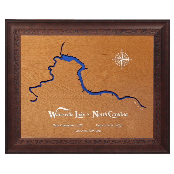 Waterville Lake, North Carolina Stained Wood and Dark Walnut Frame Lake Map Silhouette