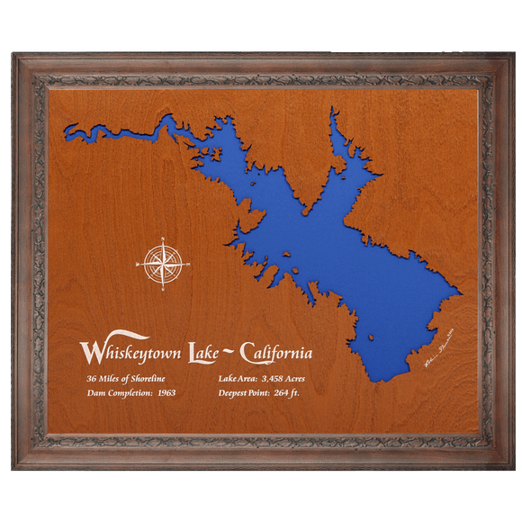 Whiskeytown Lake, California Stained Wood and Dark Walnut Frame Lake Map Silhouette
