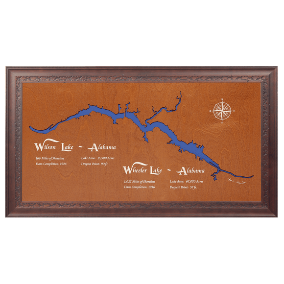 Wilson Lake and Wheeler Lake, Alabama Stained Wood and Dark Walnut Frame Lake Map Silhouette