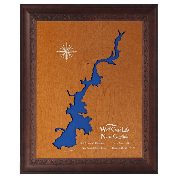 Wolf Creek Lake, North Carolina Stained Wood and Dark Walnut Frame Lake Map Silhouette